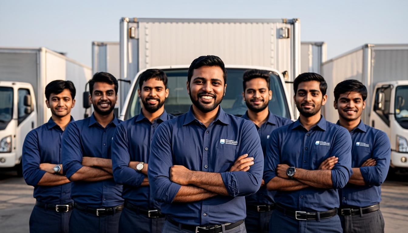 Suman Packers and Movers professional team standing in front of container trucks in Jodhpur