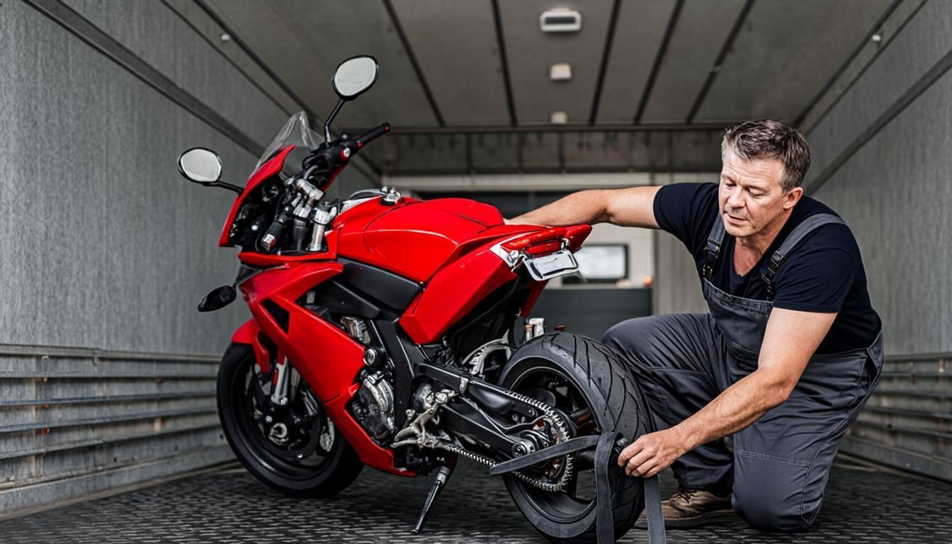 Motorcycle being prepared and secured for transport in truck trailer