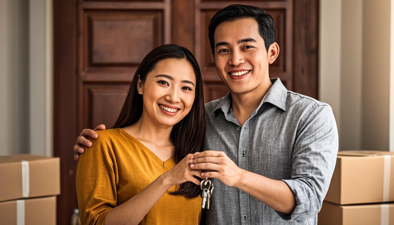 Couple holding house keys in front of new home with moving boxes