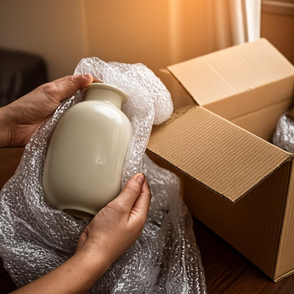 Careful bubble wrap packing of ceramic vase by Suman Packers crew