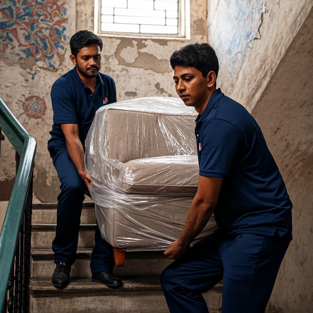 Movers carrying wrapped sofa down apartment stairs