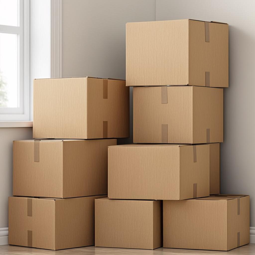 Labelled cardboard cartons stacked for house shifting