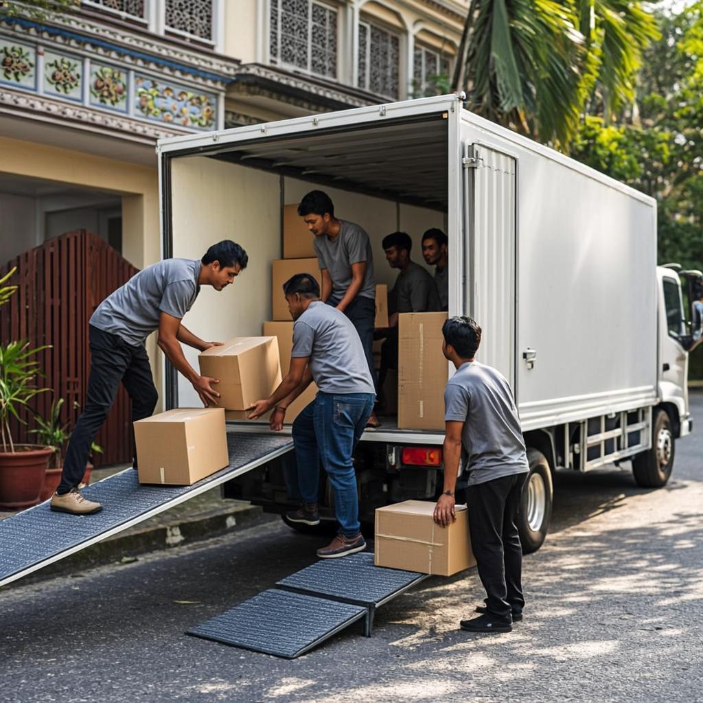 Crew loading boxes into container truck outside home