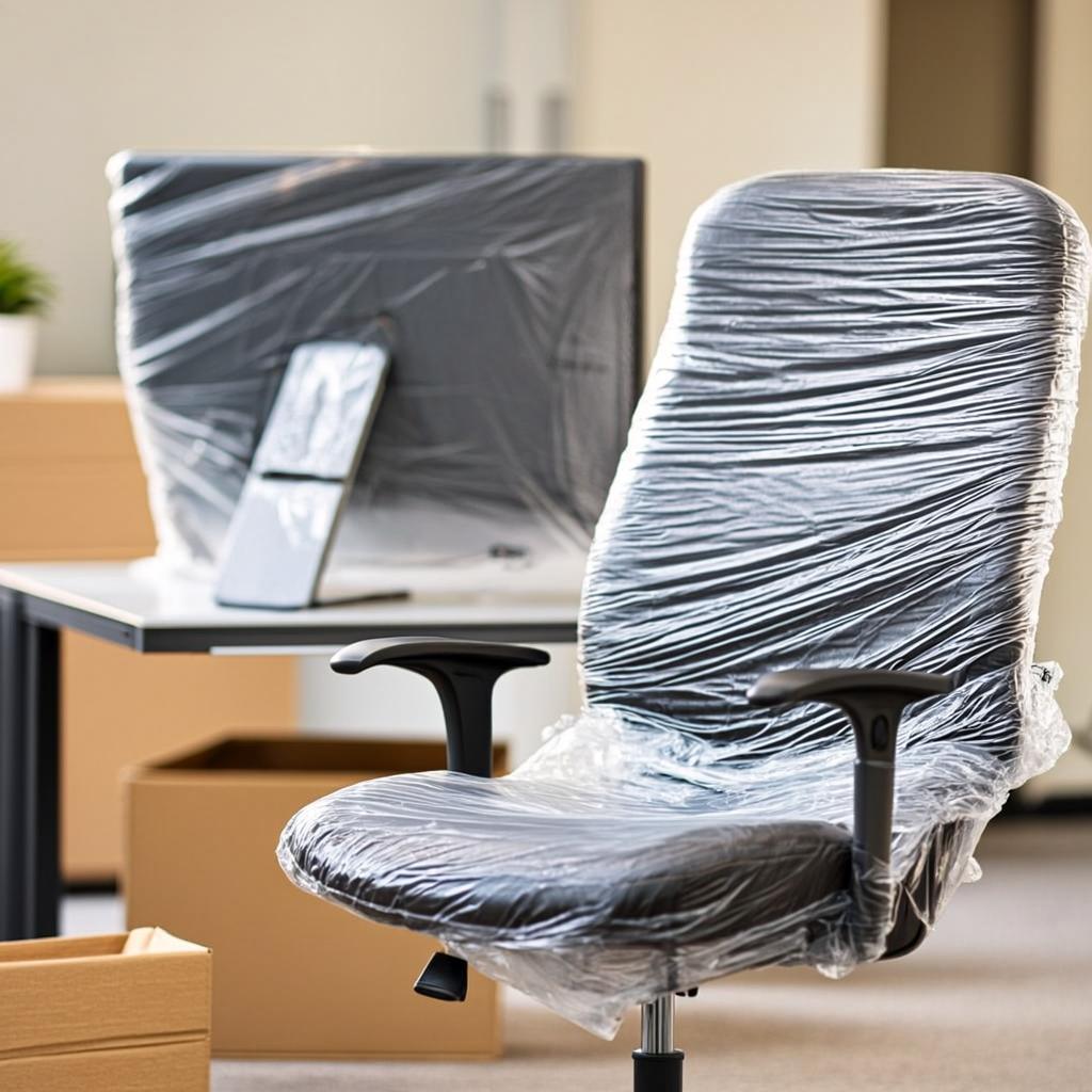 Office chair and monitor wrapped in plastic for corporate relocation