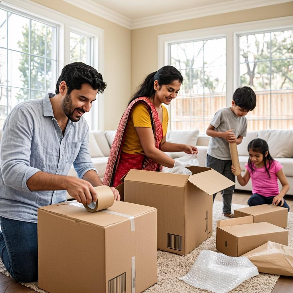 Happy family unpacking boxes in their new home