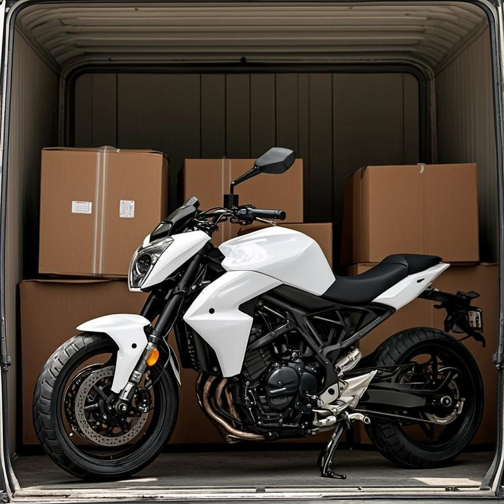 Motorcycle covered and strapped inside transport truck