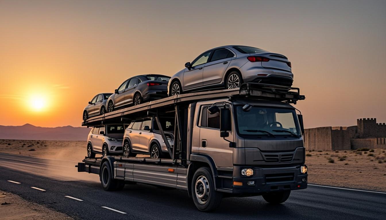 Car carrier truck transporting cars on highway